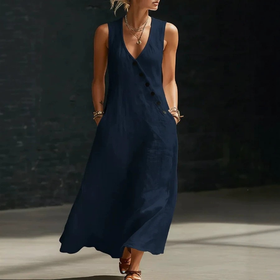 V-Neck Button-Front Sleeveless A-Line Maxi Dress