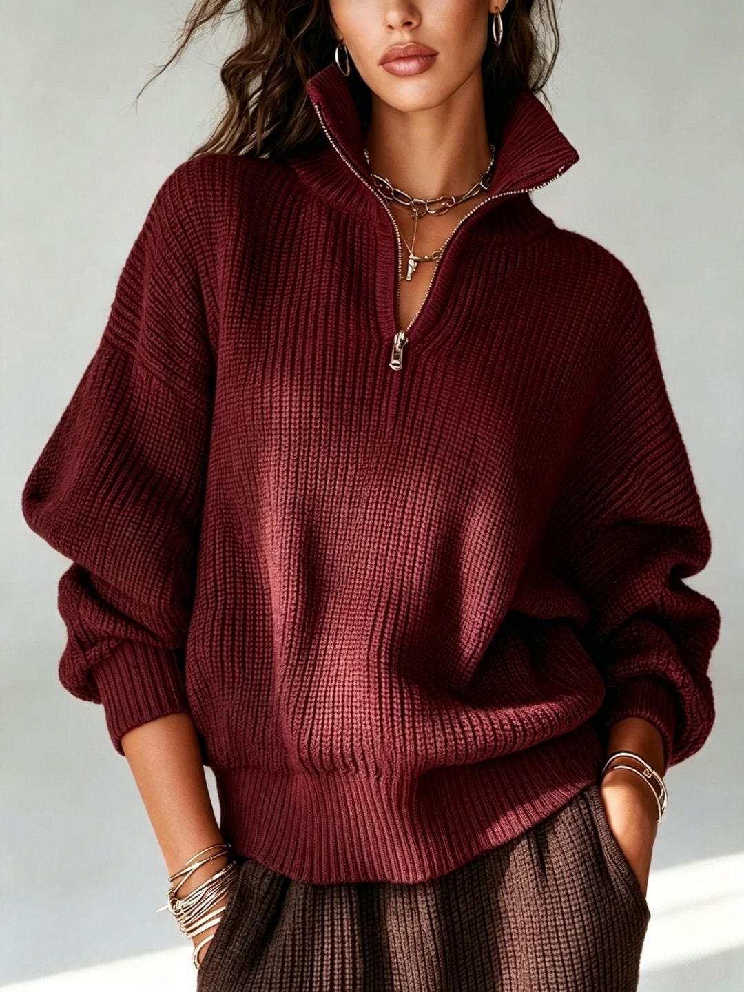 Women's Half-Zip Stand Collar Pullover Knit Sweater