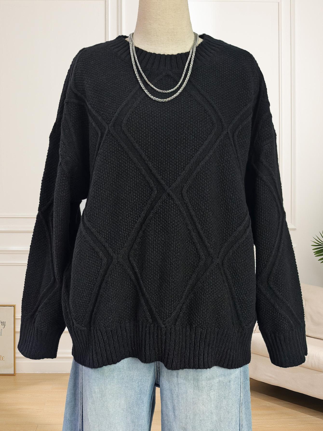 Women's Argyle Jacquard Pullover Sweater Loose Casual Crew Neck Long Sleeve
