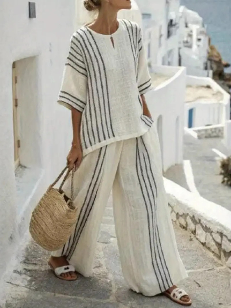 Striped Print Color-Block Mid-Sleeve Round Neck Top and Straight Pants Casual Set