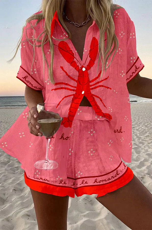 Women's Animal Print Short Sleeve Collared Top Set