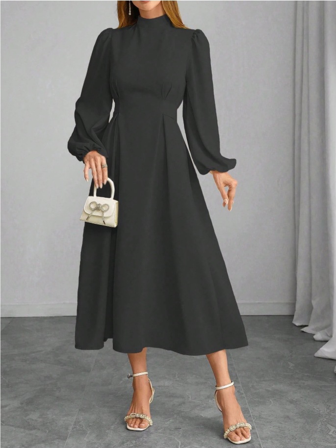 A-Line High-Waist Long-Sleeve Midi Dress with Collar
