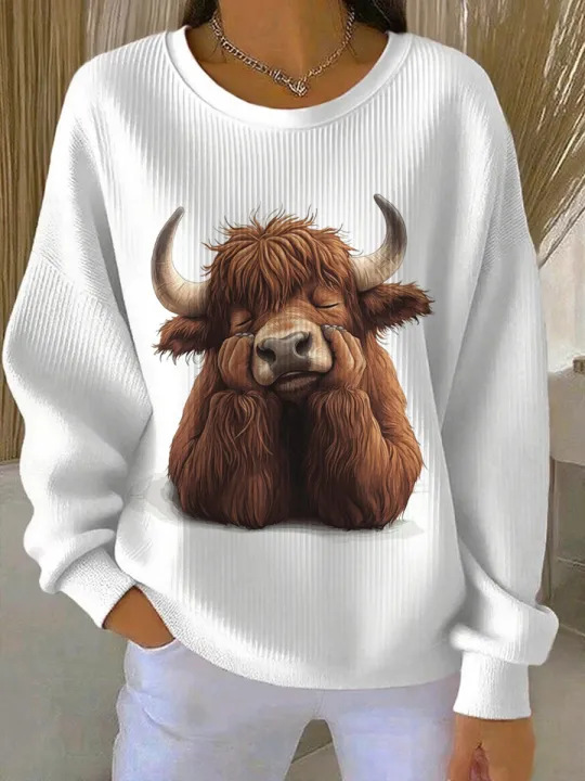Women's Bull Head Print Crewneck Sweatshirt Casual Pullover