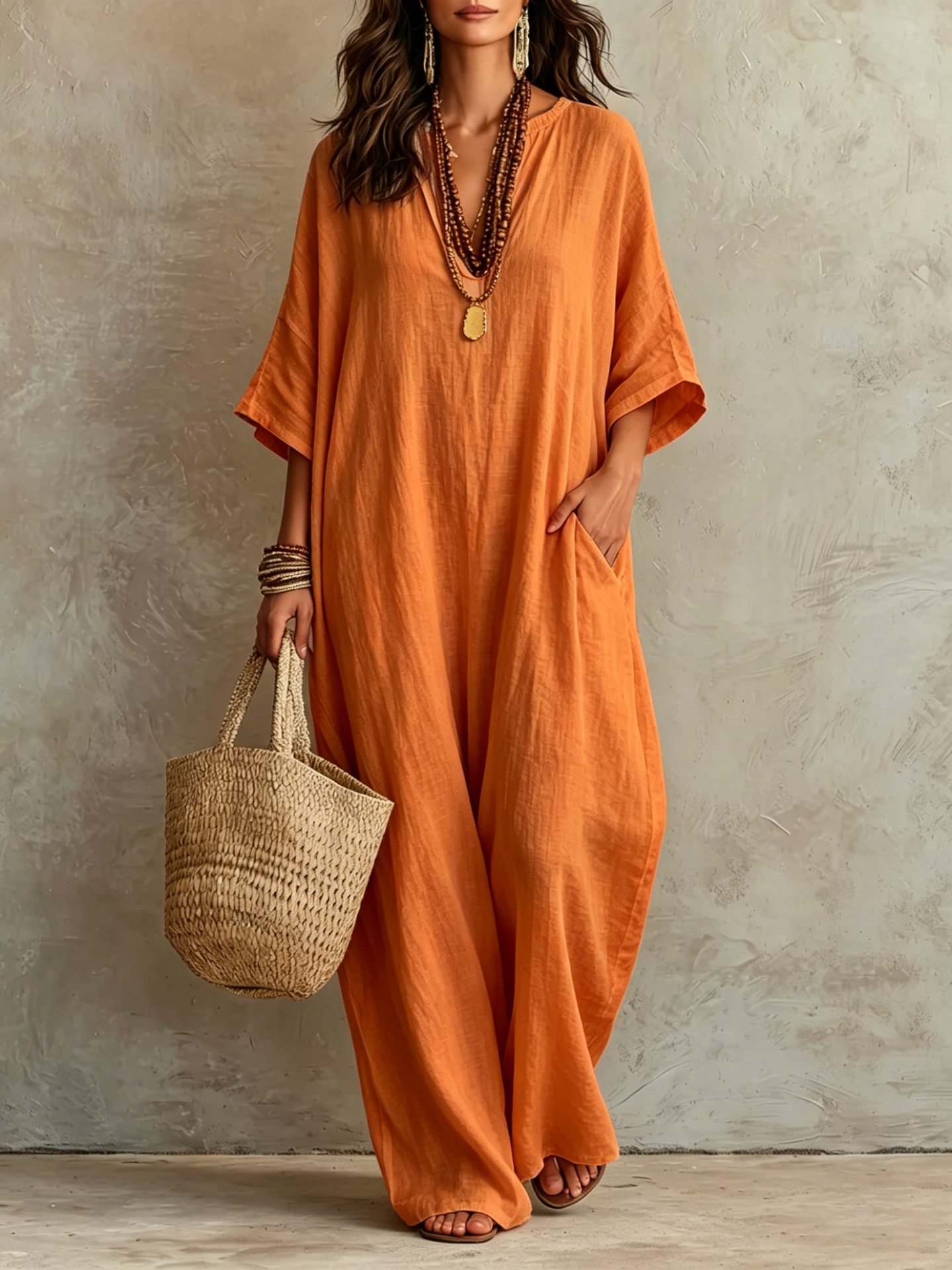 Cotton Linen Loose V-Neck Boho Maxi Dress 3/4 Sleeve