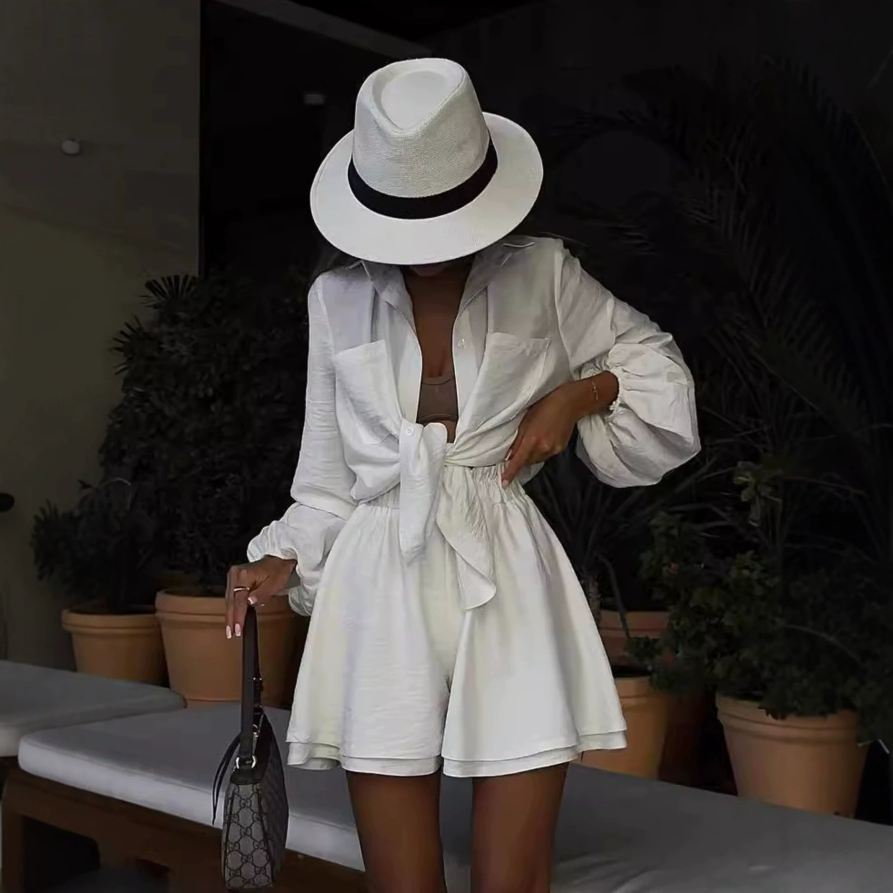 Women's Long Sleeve Ruffle Top and Shorts Casual Set