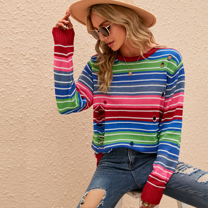 Colorful Striped Crewneck Knit Sweater with Ripped Contrast Details