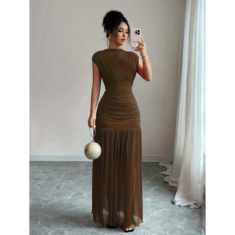 Women's Boat Neck Sleeveless Cutout Mesh Ruched Waist Long Dress