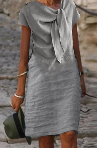 Women's Elegant Tie Print Midi Dress Short Sleeve Slim Fit