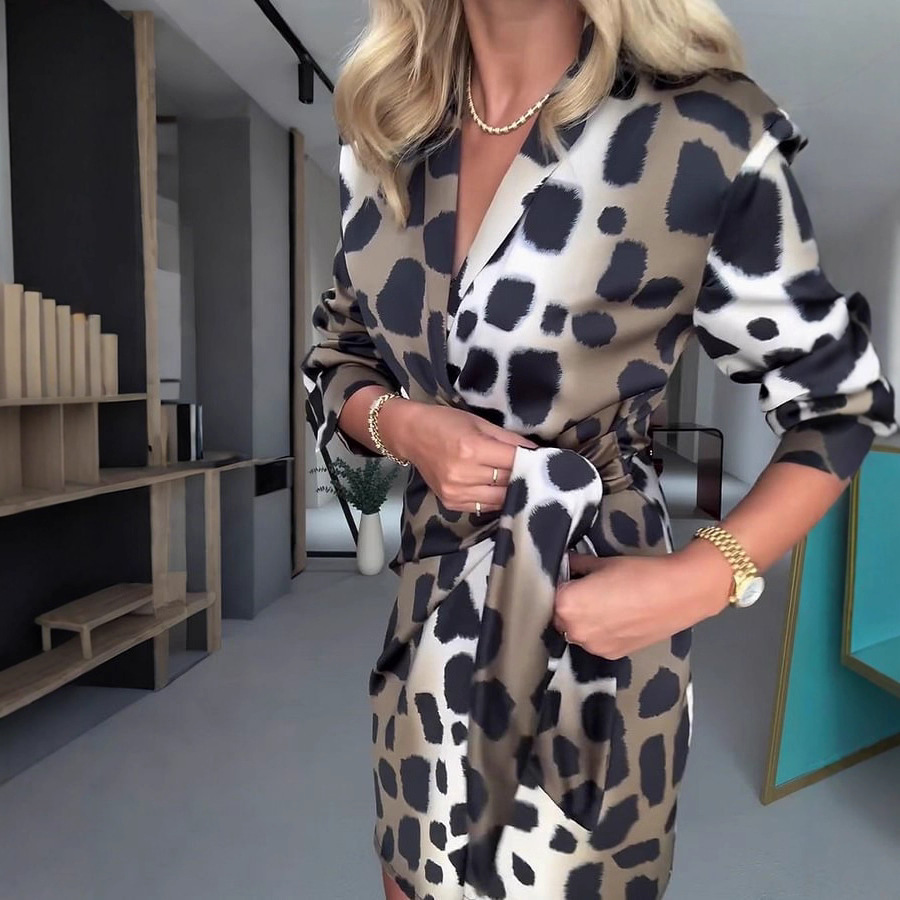 Leopard Print V-Neck Short Sleeve Midi Dress