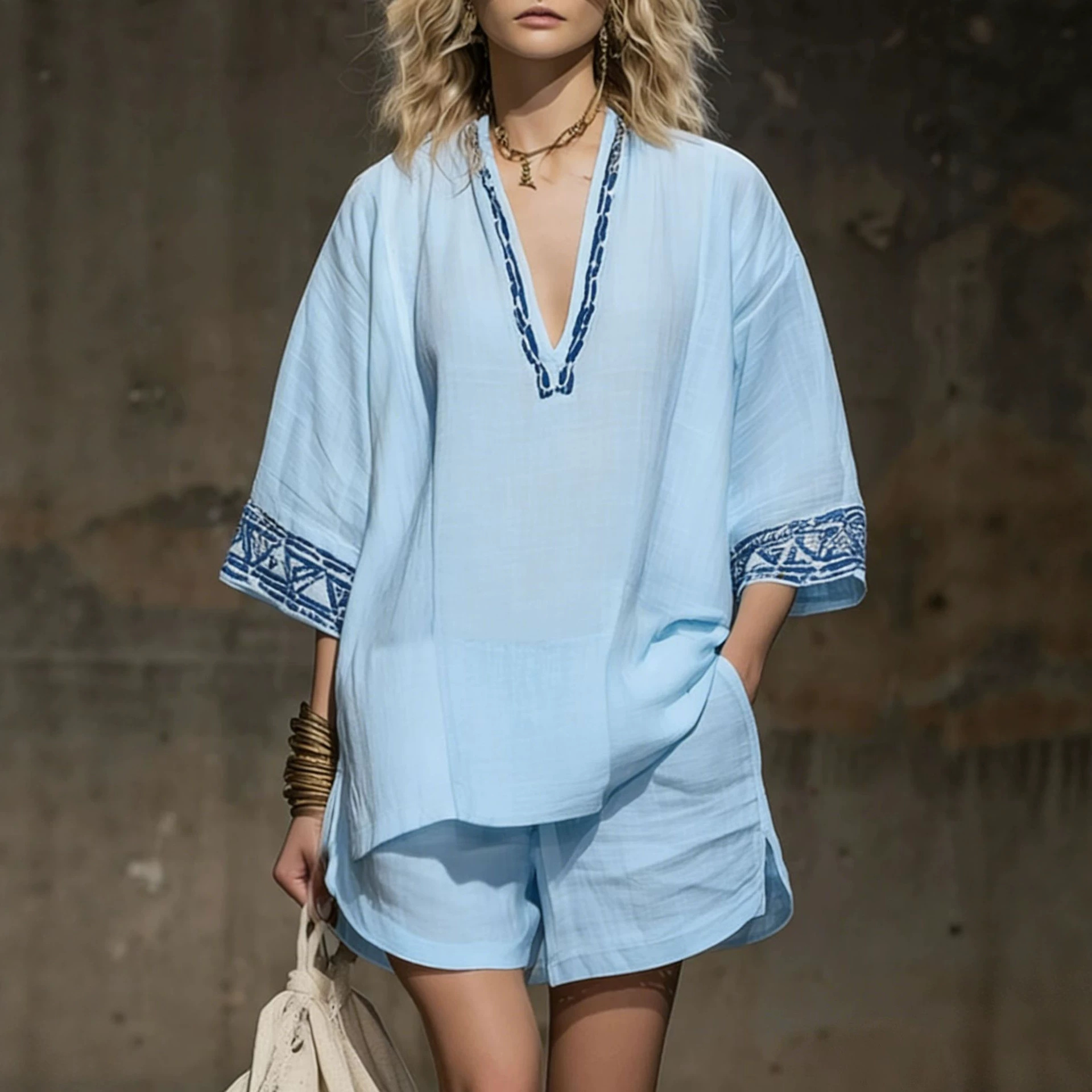 Bohemian Linen-Blend Printed V-Neck Short Sleeve Shorts Women's Set