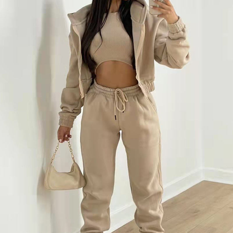 Women's Solid Color Hooded Sweatshirt and Pants Three-Piece Set