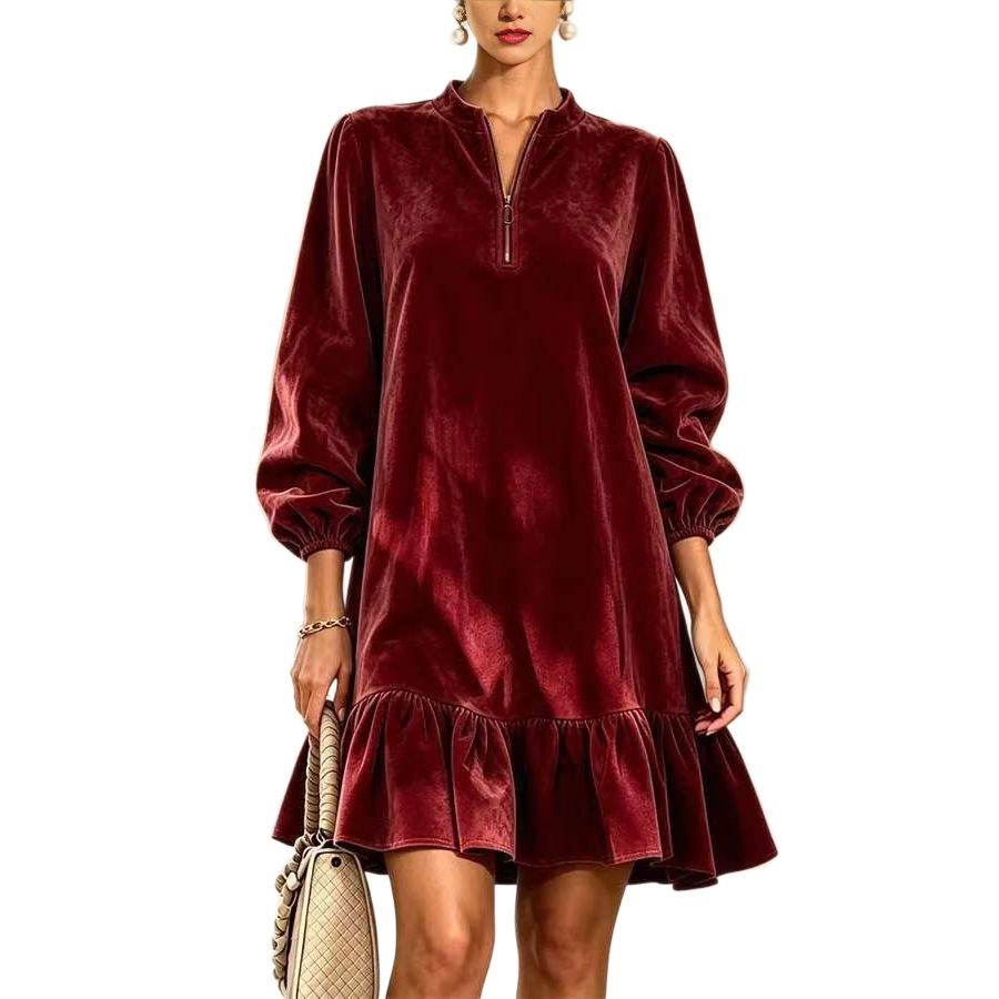 Faux Suede Dress with Lantern Sleeves and Ruffle Half-Zip Stand Collar