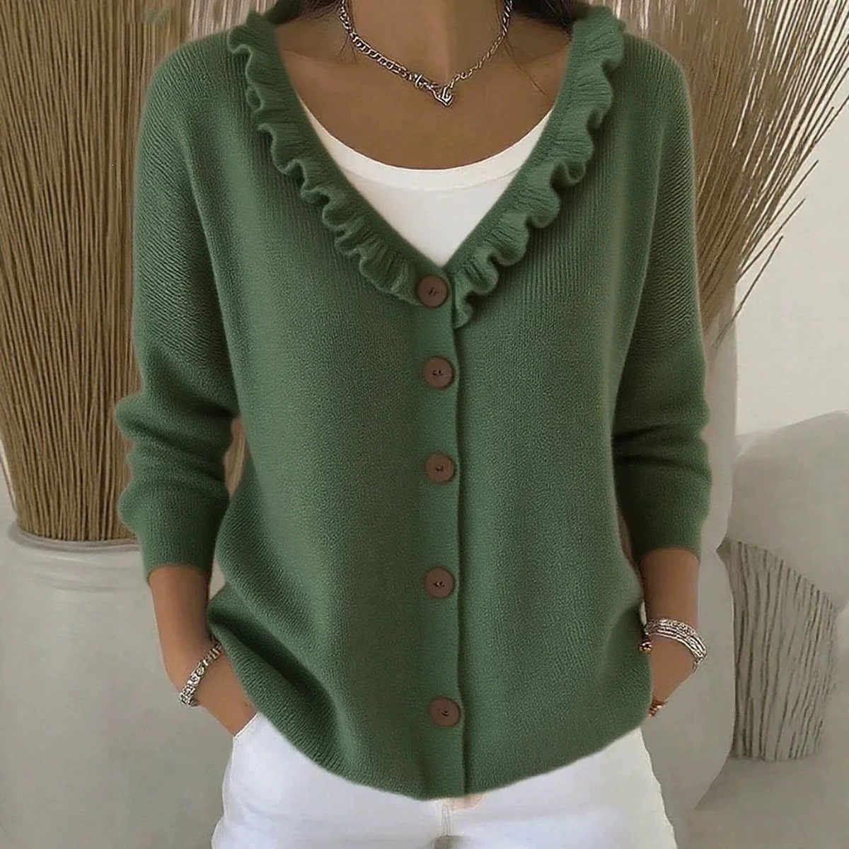 Ruffle Trim V-Neck Knit Cardigan Sweater