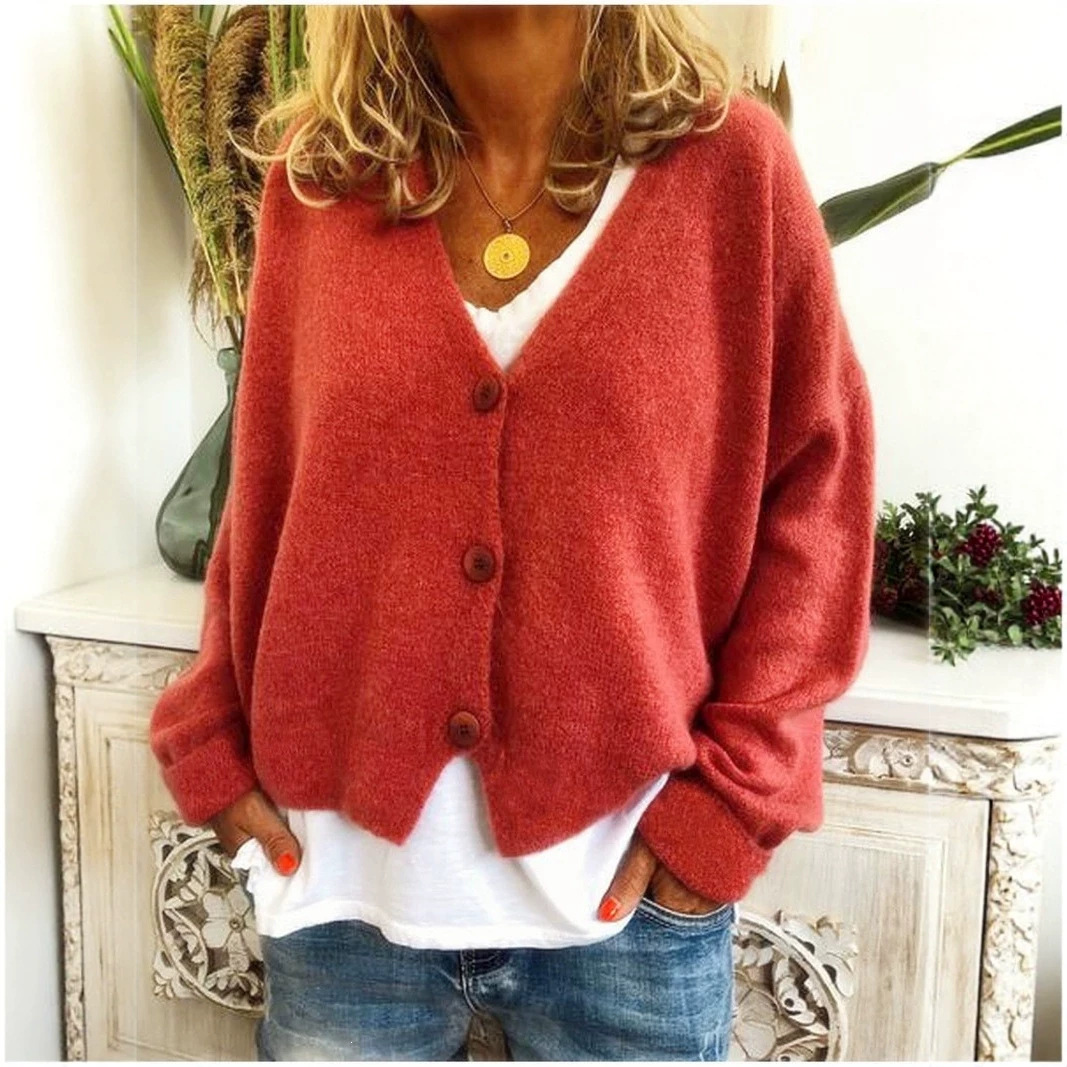 Solid V-Neck Knit Top with Front Button Detail, Loose Cropped Long Sleeve