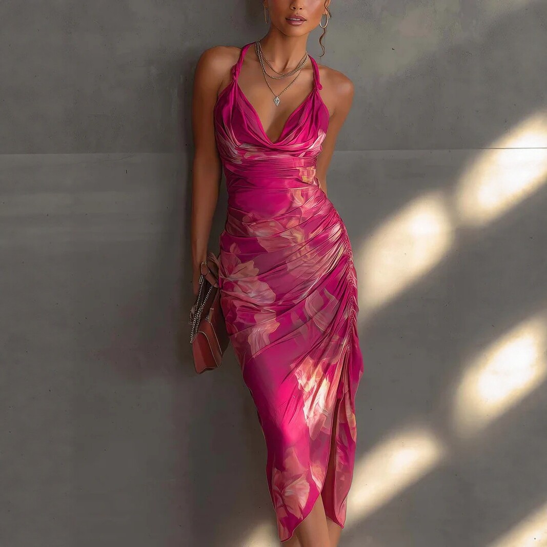 Women's Halter Neck Open Back Floral Print High Slit Midi Dress