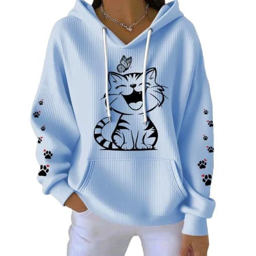 Women's Cat Paw Print Hoodie Long Sleeve Crewneck Pullover
