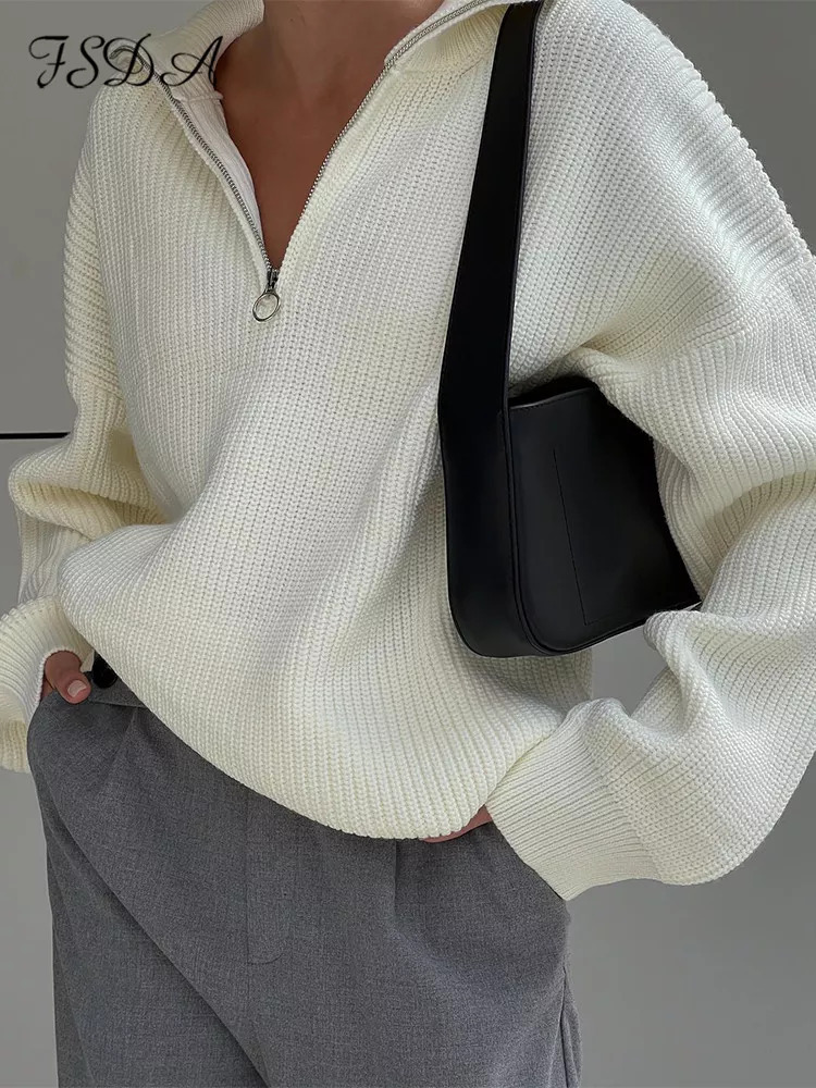 Women's V-Neck Zip Loose Knit Sweater