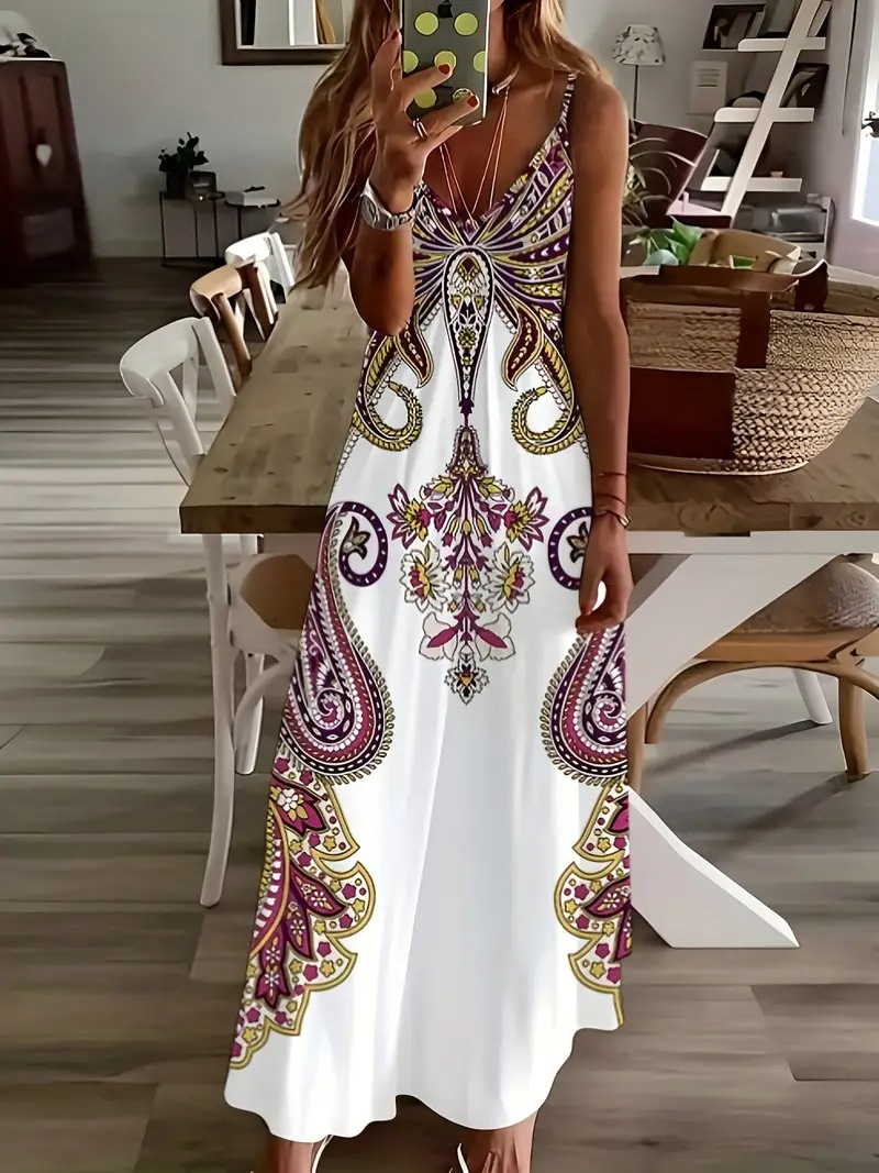3D Floral Print V-Neck Bohemian Slip Dress