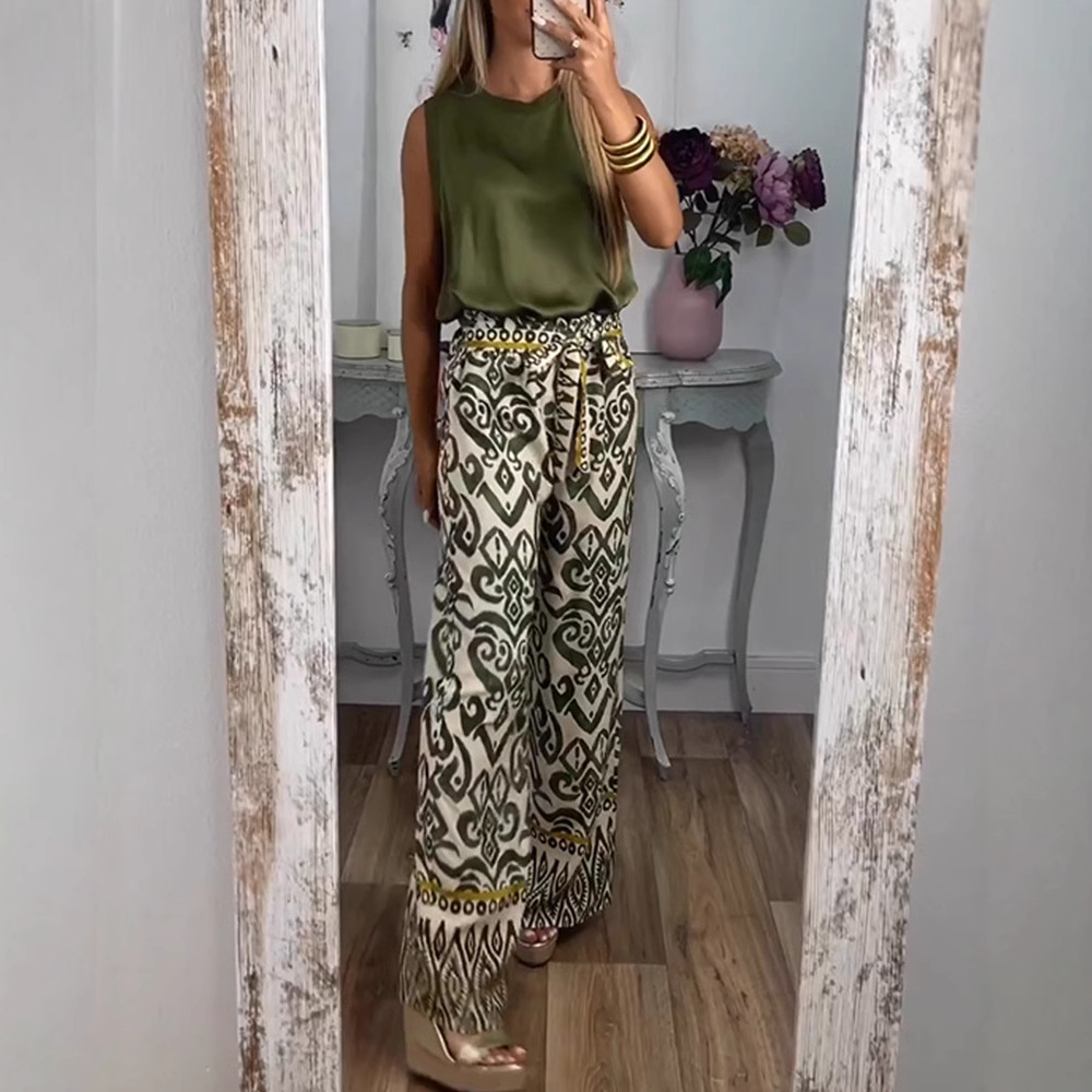 Printed Belted Wide-Leg Casual Pants