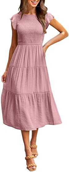 Women's Flutter Sleeve Ruched Tiered Short Sleeve Swing Dress