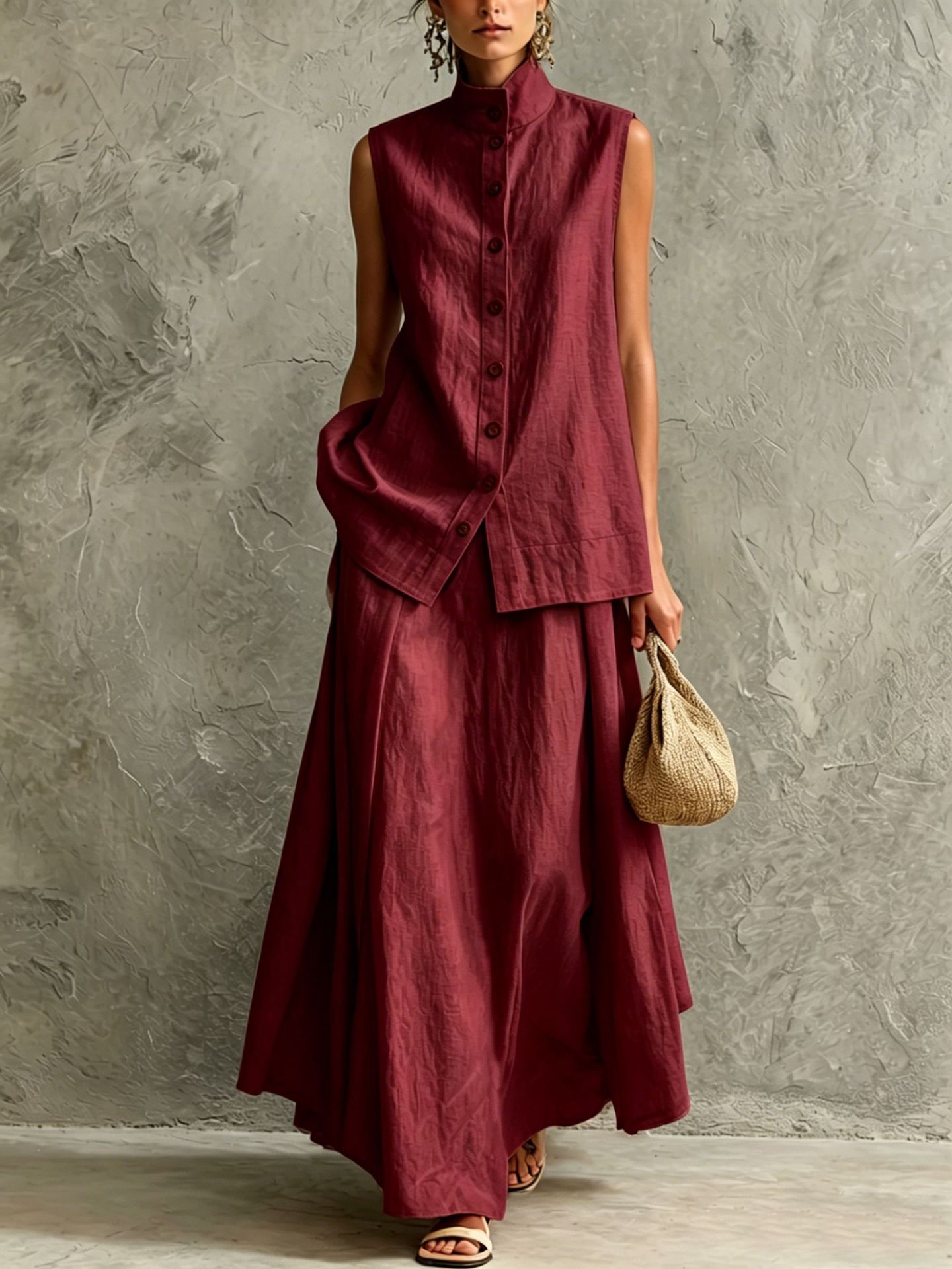 Women's Solid Color Button-Down Shirt and Midi Skirt Set