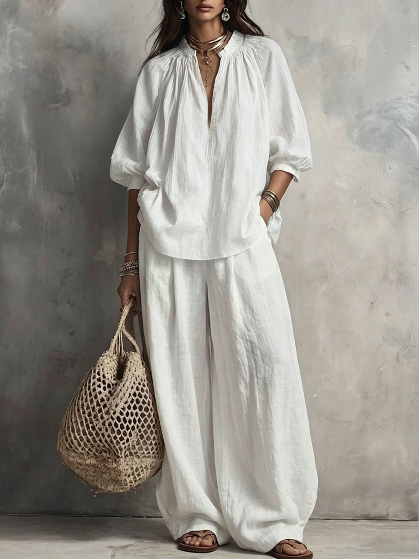 Boho V-Neck 3/4 Sleeve Shirt & Wide-Leg Pants Set
