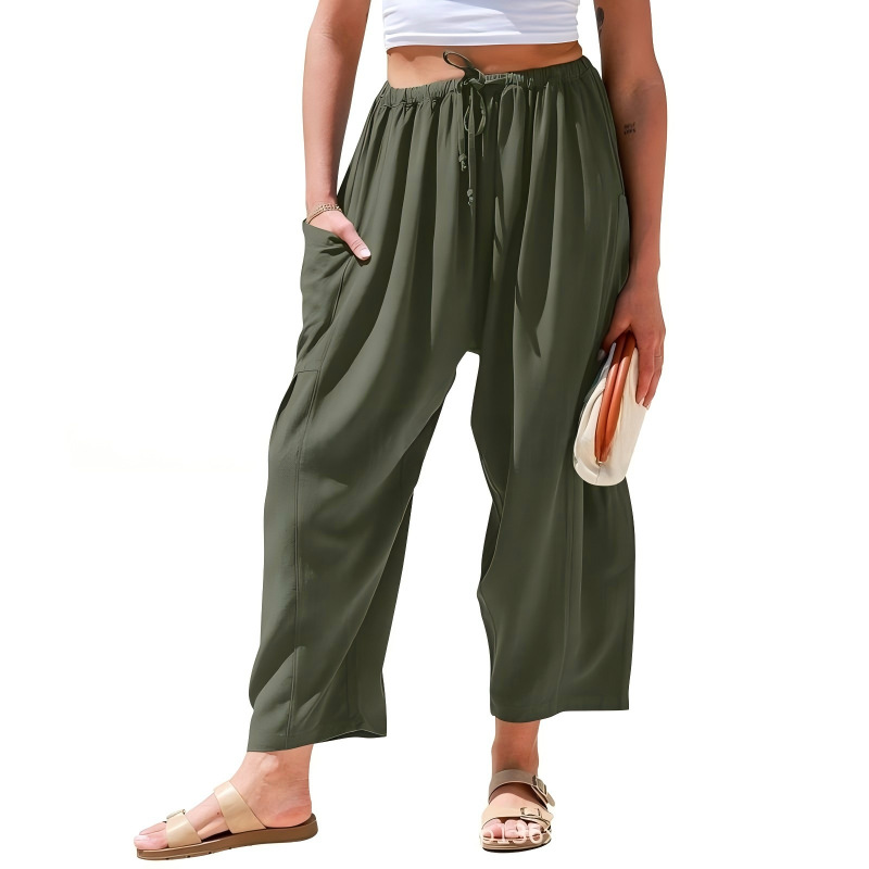 Women's Cotton-Linen Straight-Leg Cropped Pants with Elastic Waist and Pleats, Breathable Casual