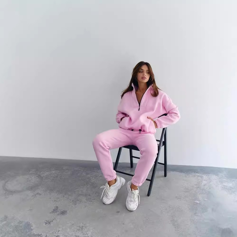 Women's Stand Collar Zip Two-Piece Sweatsuit Set Solid Color