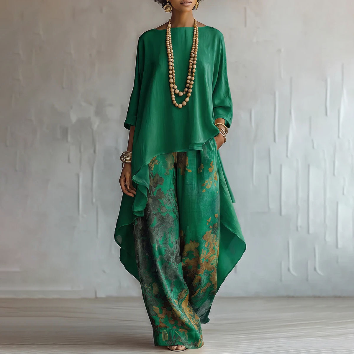 Women's Solid Color Top & Wide-Leg Pants Two-Piece Set