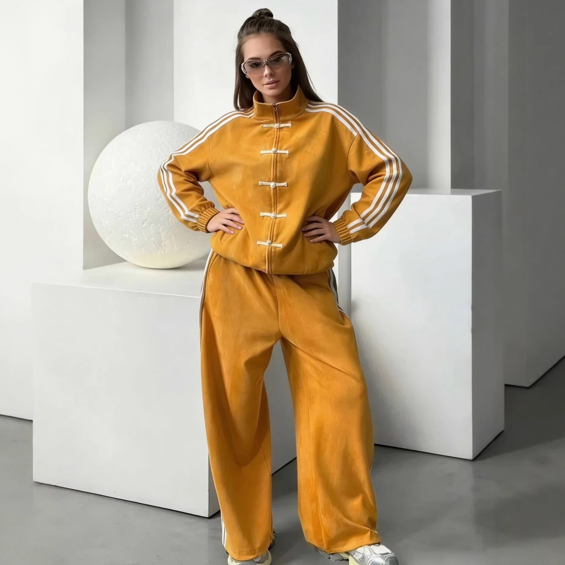 Retro Stand Collar Jacket & Wide-Leg Pants Set with Frog Buttons and 3-Stripe Detail