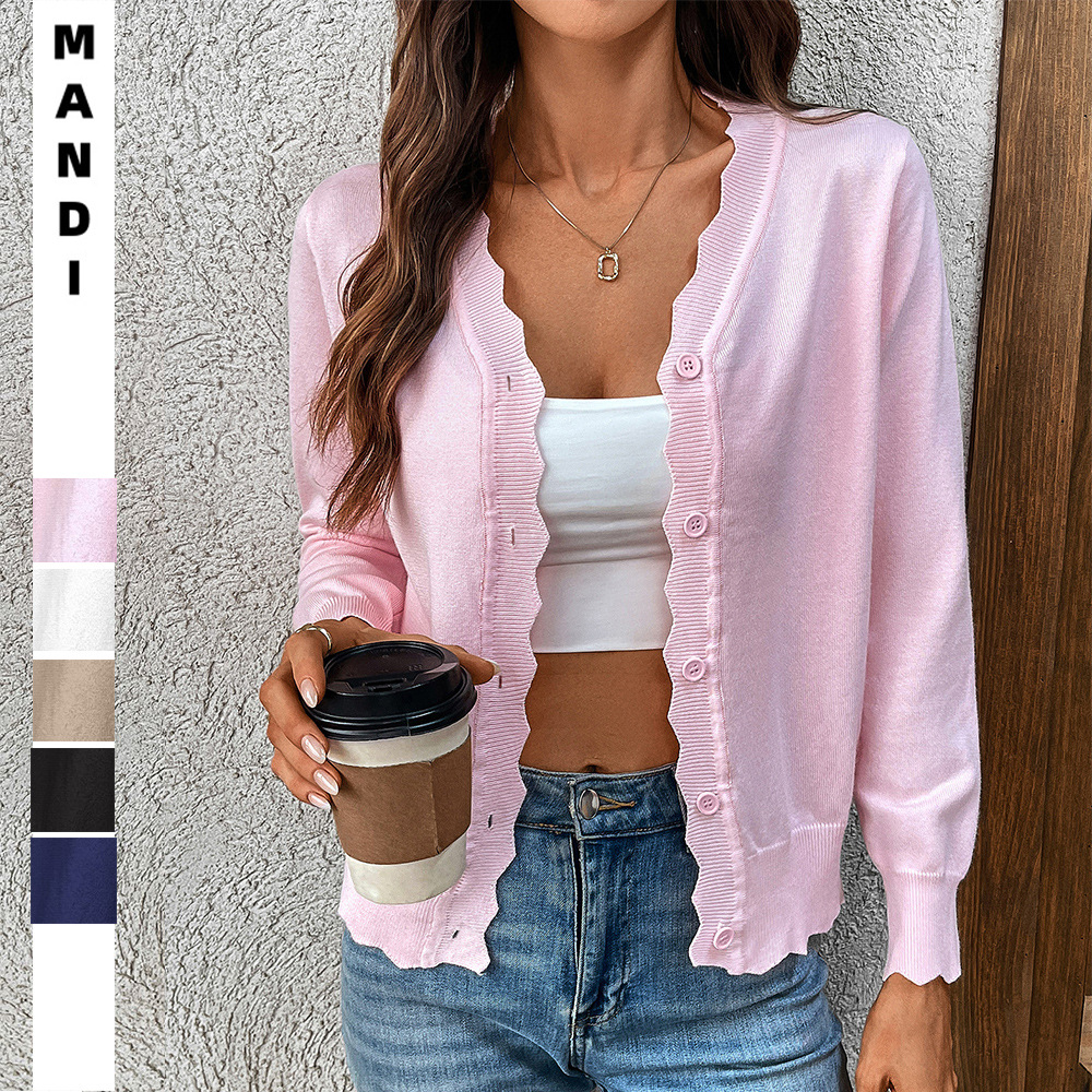 V-Neck Long-Sleeve Knit Cardigan Solid Ice Silk Lightweight Women's