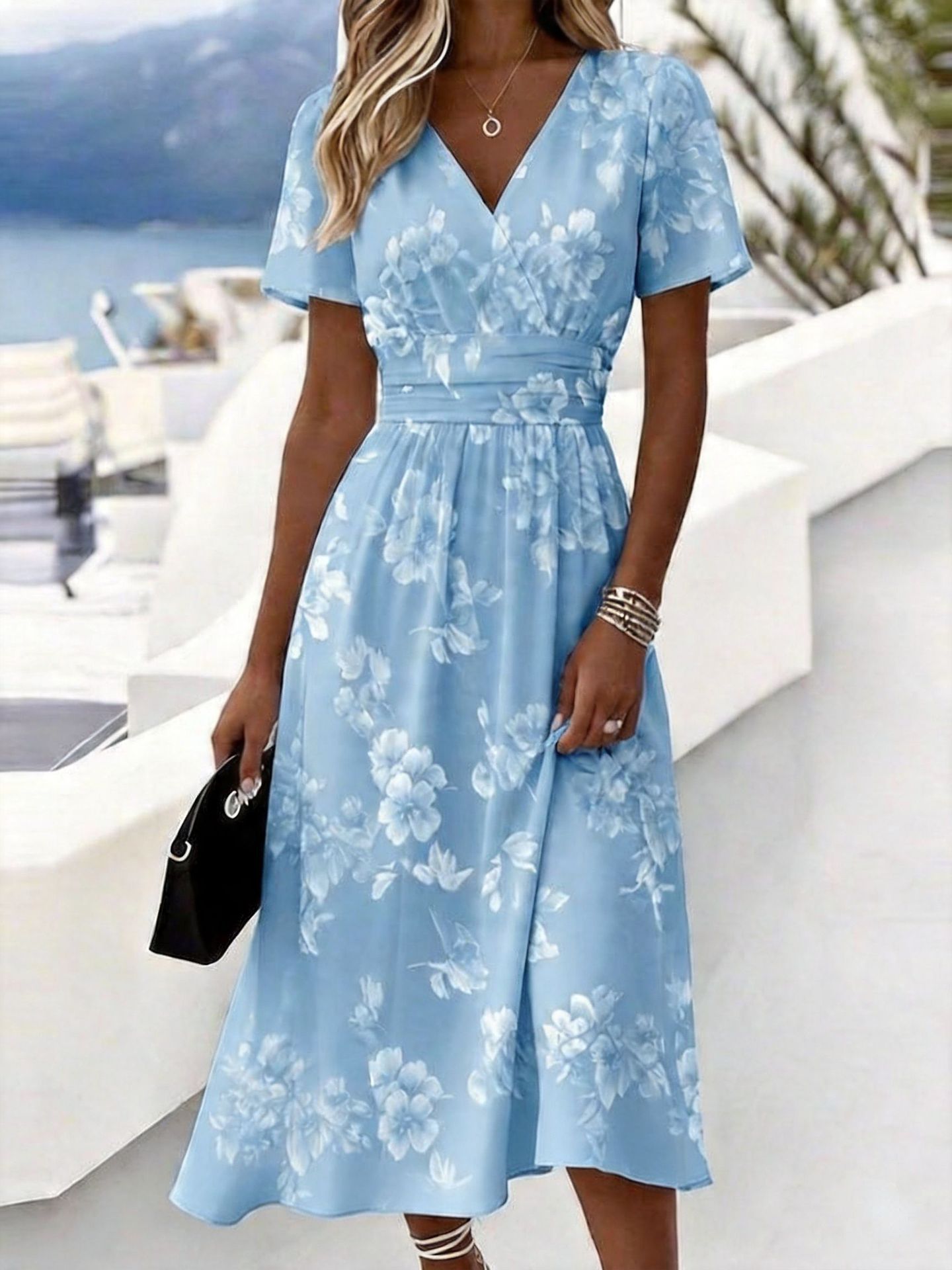 3D Vintage Floral Short Sleeve V-Neck Midi Dress with Flared Skirt