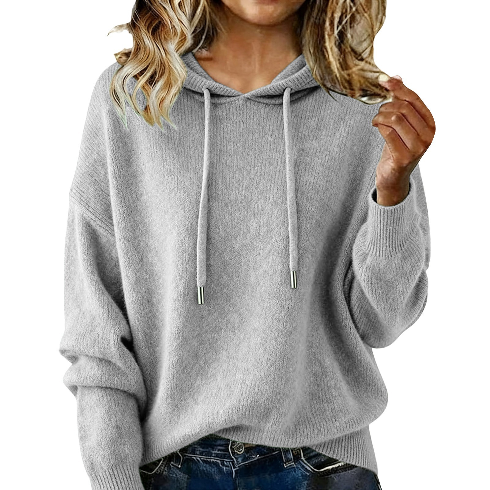 Hooded Drawstring Sweater Solid Color Long Sleeve Brushed Top for Women