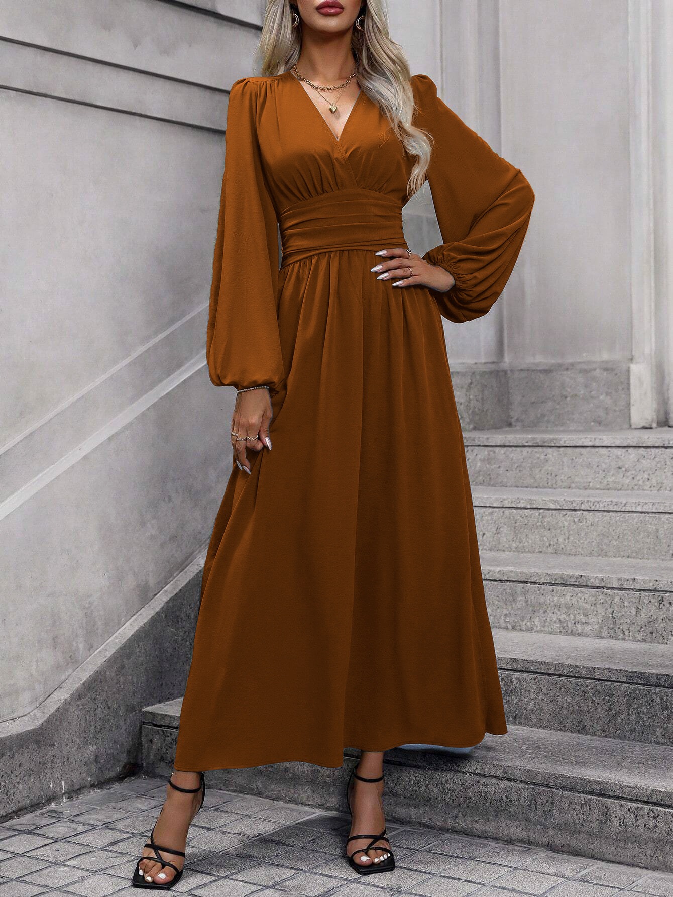 Women's Lantern Sleeve Ruched High Slit Dress