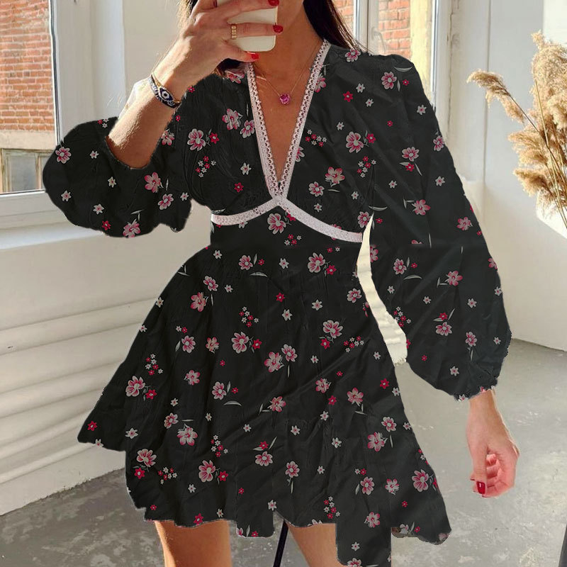 Elegant V-Neck Floral Bubble Sleeve Waist-Cinched Short Dress