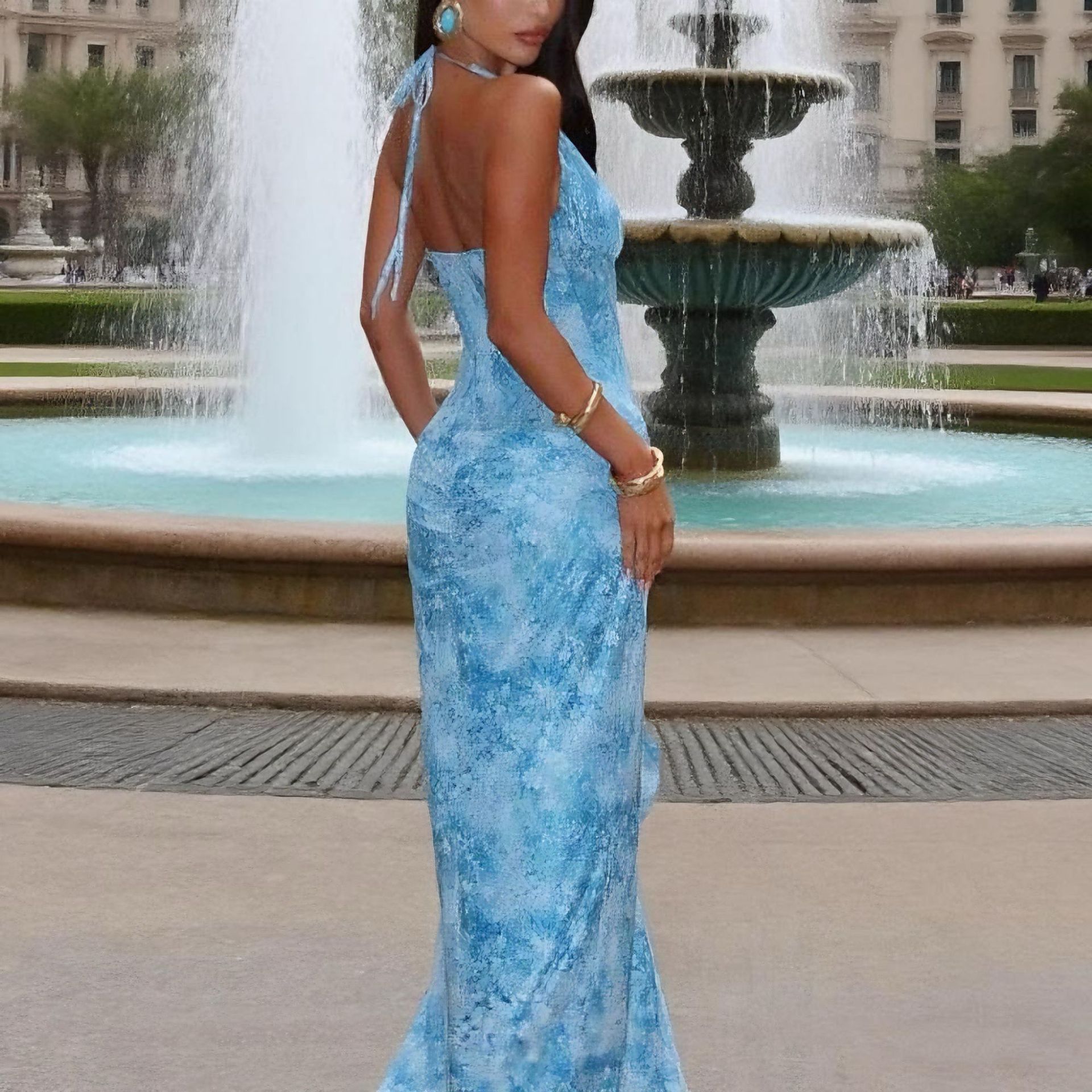 Women's Sexy Slim Fit Halter Open Back Slit Dress