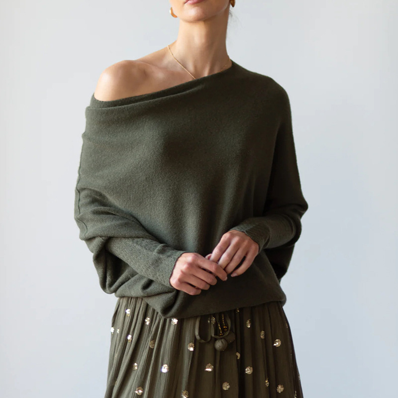 Solid Crewneck Long-Sleeve Knit Pullover Sweater with Ruched Detail
