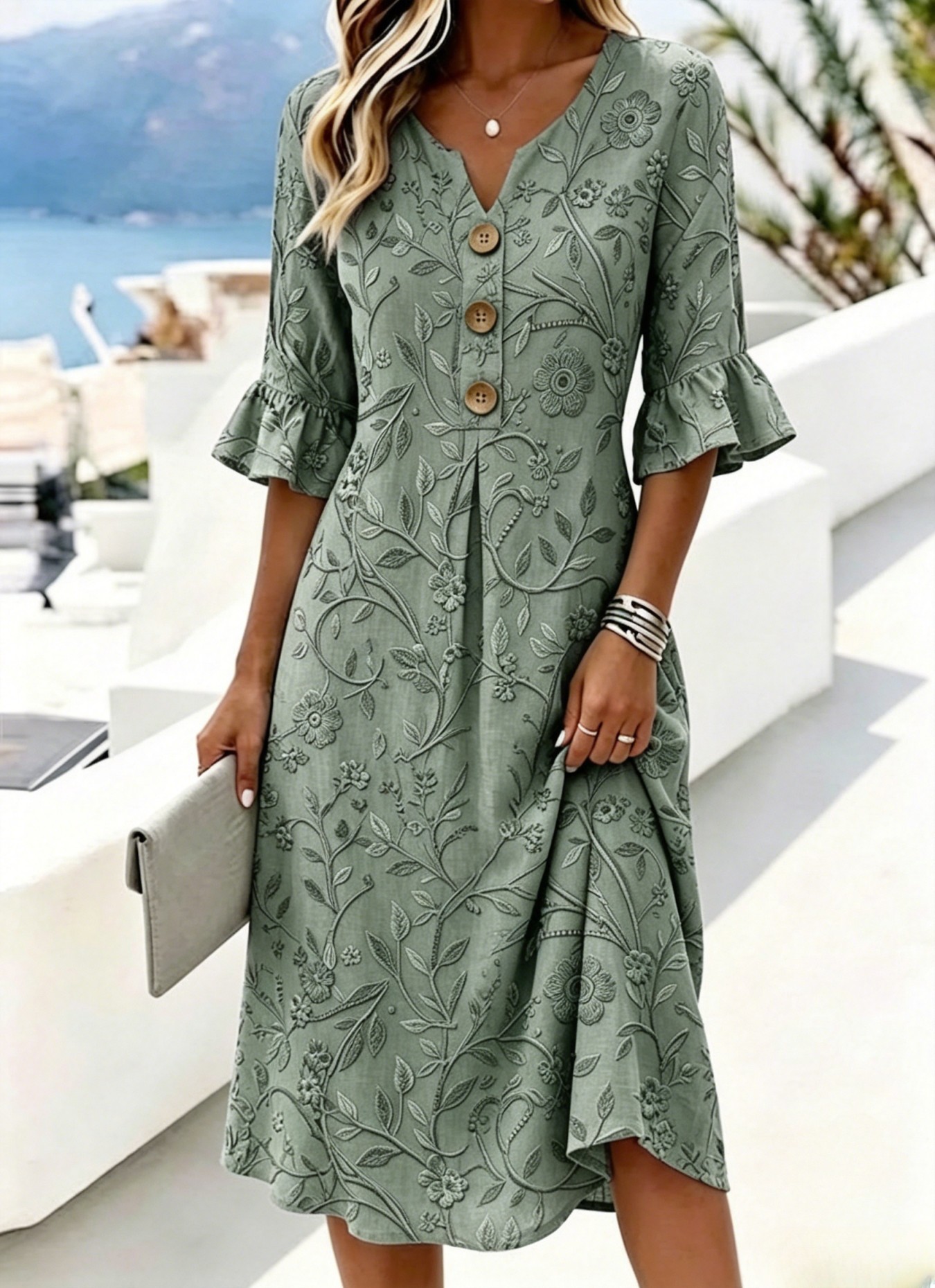 Women's Floral Print Button Midi Dress