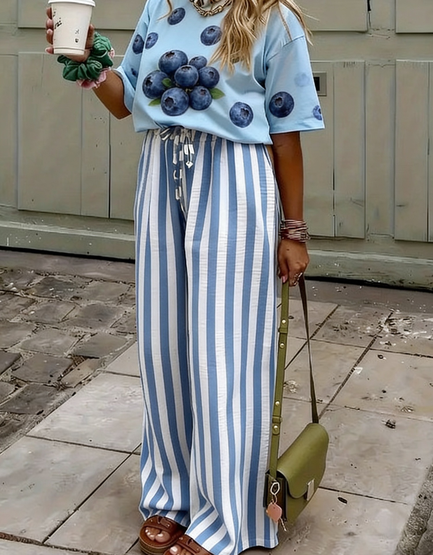 Women's Loose Straight-Leg Striped Print Pants Casual Colorblock