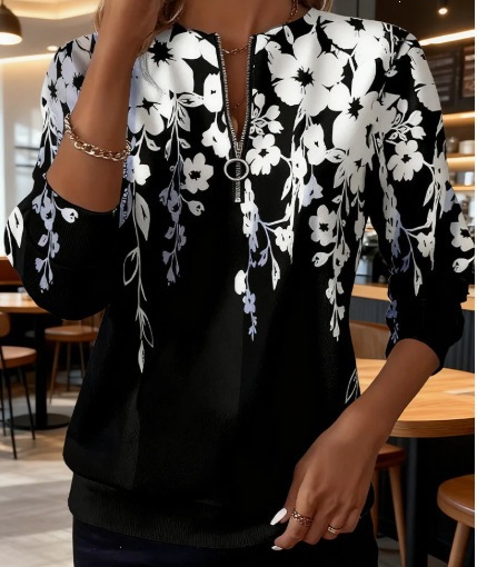 Women's Boho Print Long Sleeve Zip-Up Sweatshirt Casual Top