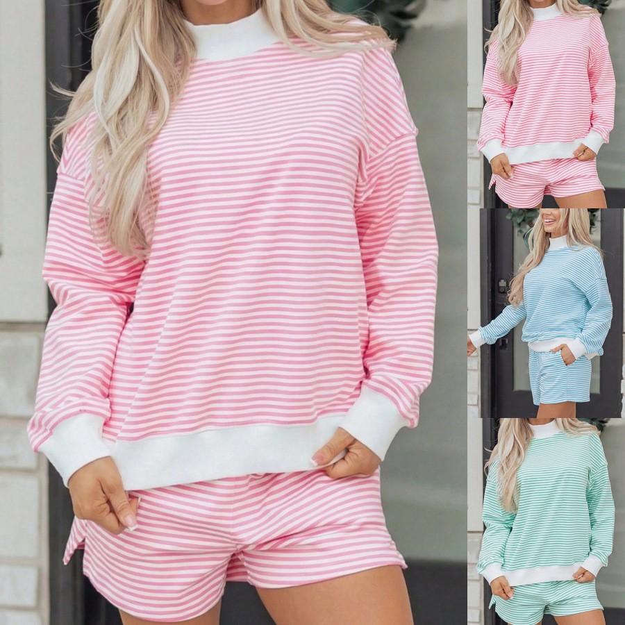 Striped Oversized Collar Cotton Sweatshirt Set
