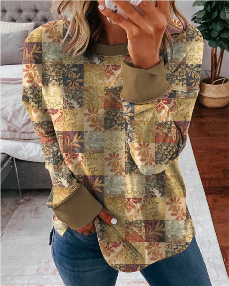 Women's Vintage Print Crewneck Long Sleeve Pullover Sweatshirt