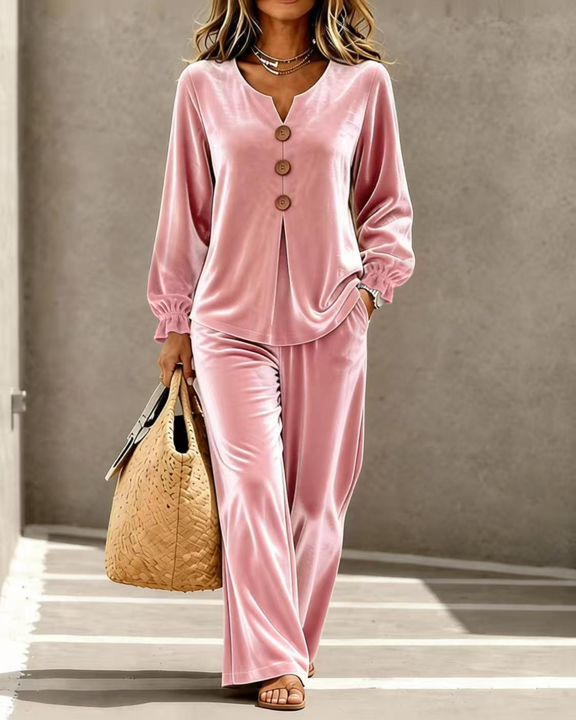 Women's Velvet V-Neck Button Long Sleeve Top and Pants Set