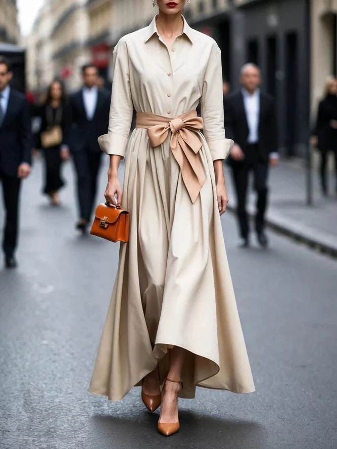 Long Sleeve Collared Solid Long Dress with Tie Belt