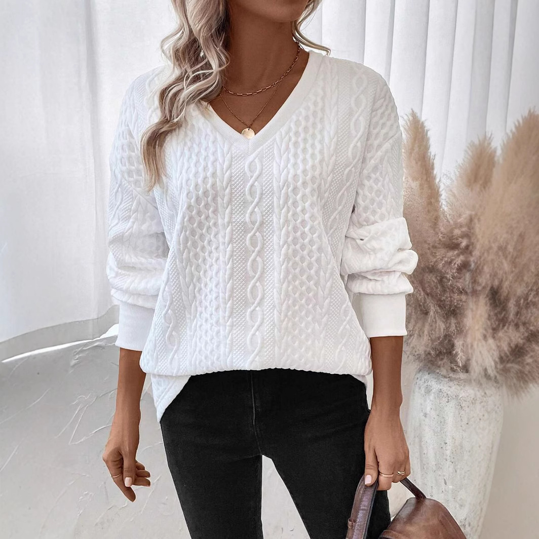Women's Casual Solid Color Warm Loose Long Sleeve V-Neck T-Shirt