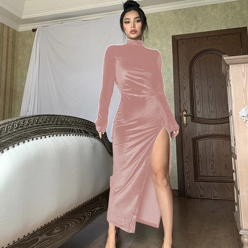 Women's High Neck Long Velvet Dress Slim Fit Ruched Slit