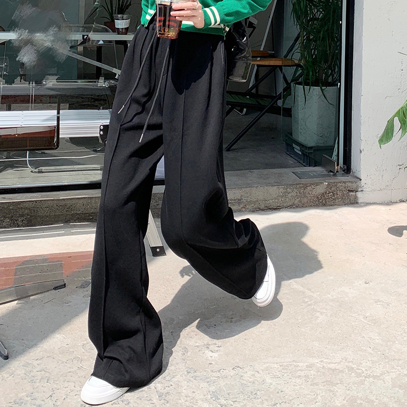 Black High-Waist Wide-Leg Sweatpants for Women, Loose Casual Korean Style