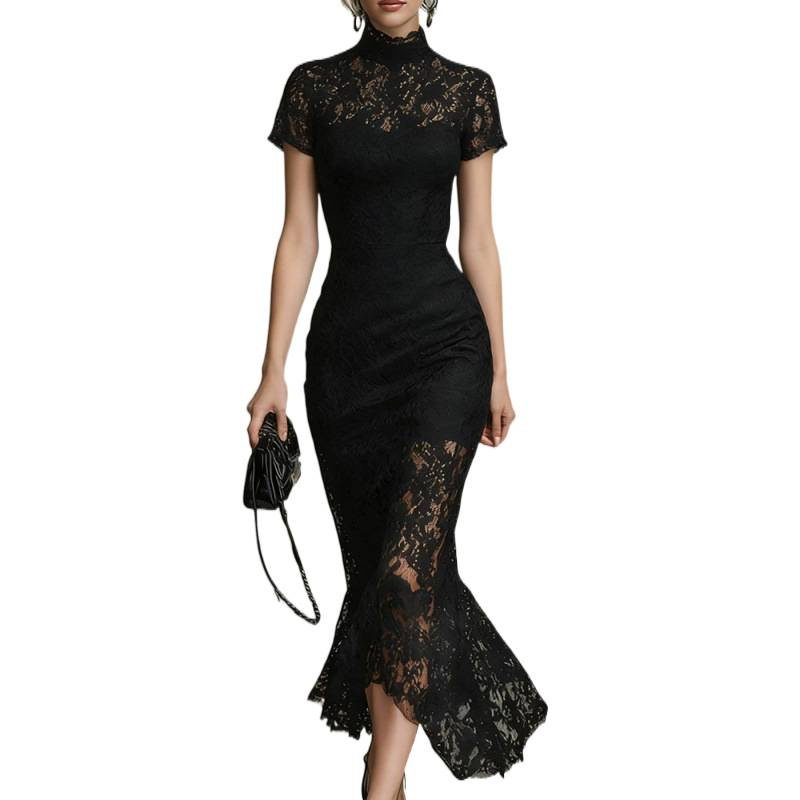 High-Waist Lace-Trim Bodycon Long Dress Short Sleeve