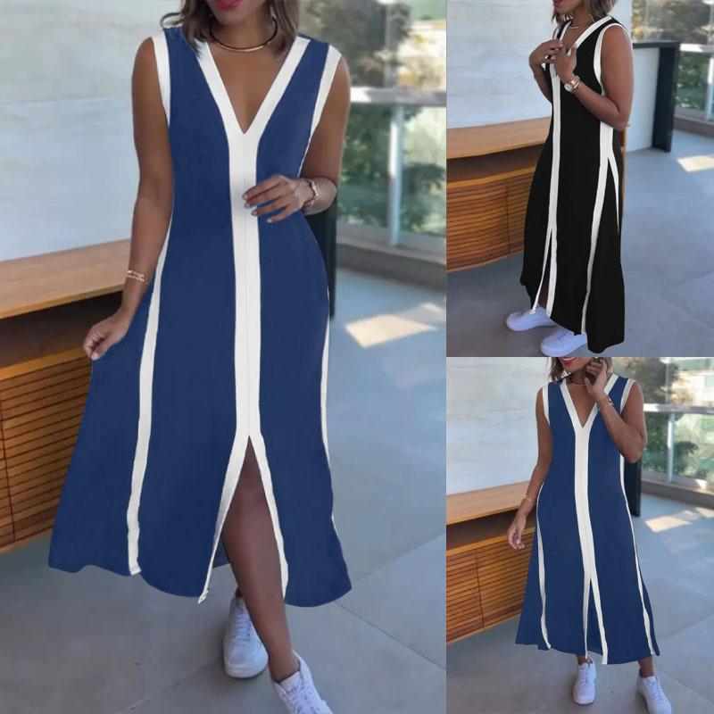 Blue & White Colorblock Sleeveless V-Neck Midi Dress Loose Casual Split