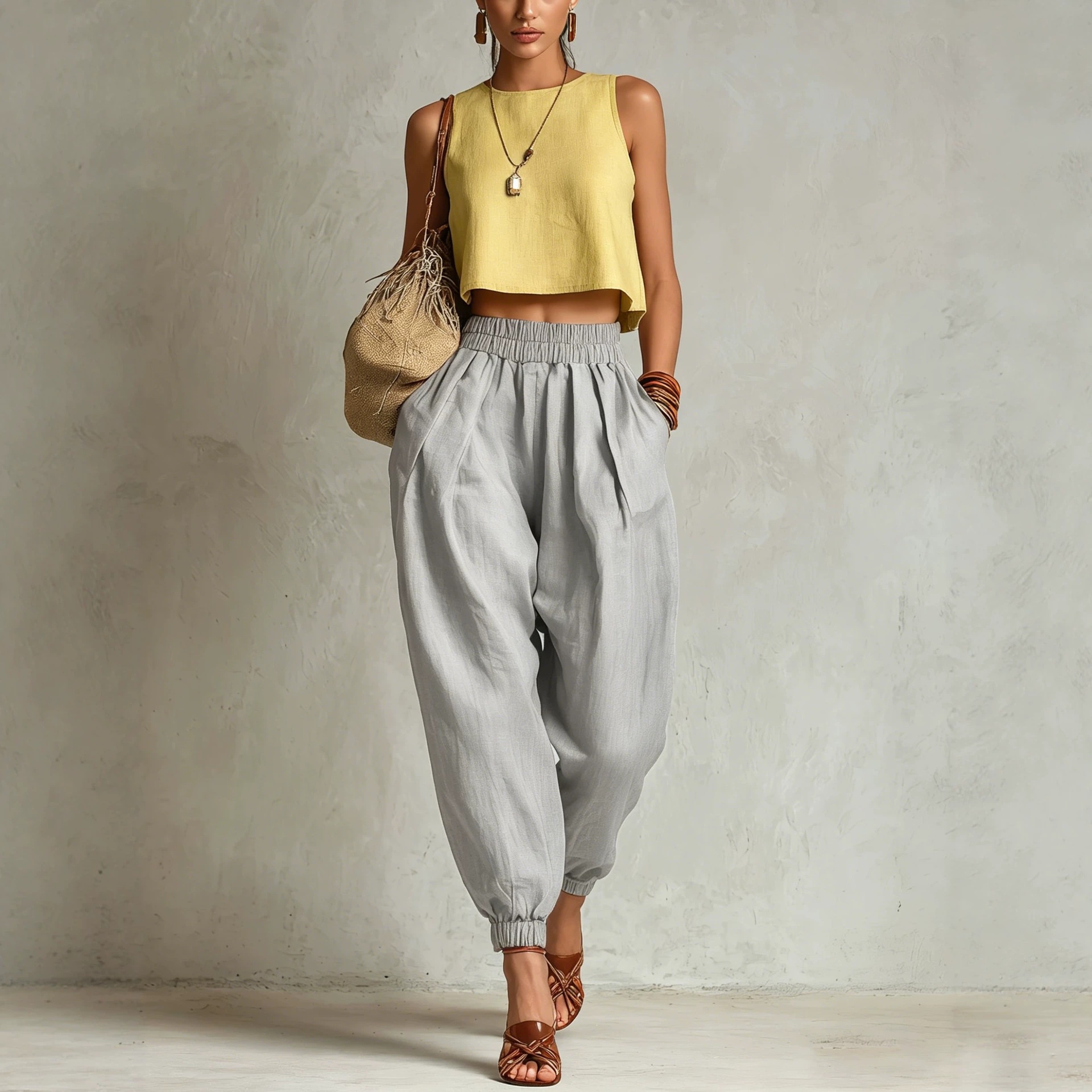 Women's Cotton-Linen Harem Pants Elastic Waist Loose Slimming Cuffed Lantern Casual Trousers